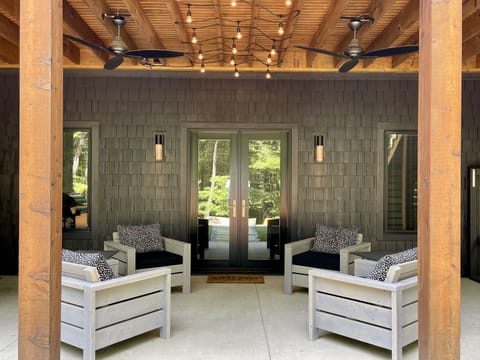 A view to a patio from the fire pit area.