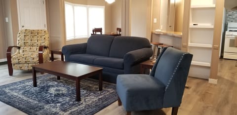 Living area with large flat screen in Cottage L. Sofa converts to full size bed.