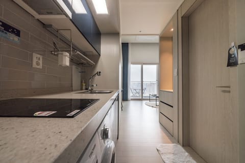 Fridge, microwave, electric kettle, cookware/dishes/utensils