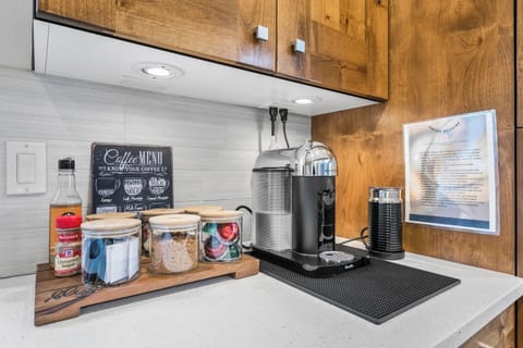 Cute little coffee bar with Nespresso Machine (some complementary pods served but please bring your own vertuo pods or buy locally at the Target store)
