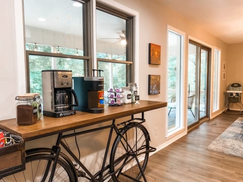 COFFEE BAR: Stocked for your early mornings on the deck.