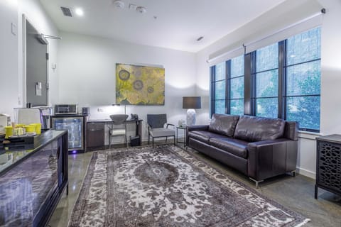 Contemporary seating with bold artwork.