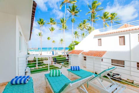 You can relax in chaise lounges on the apartment's balcony