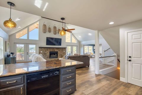 Kitchen looking into the spacious living room and beyond.