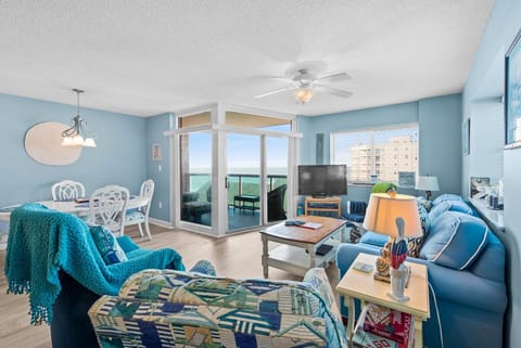 The ocean view living room is fabulous for movie night with the family.
