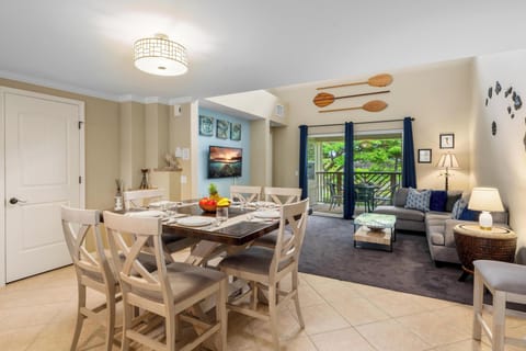 Open concept layout connects dining and living room