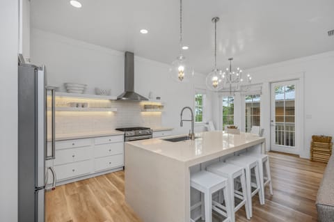 Gourmet stocked kitchen for cooking and dining
