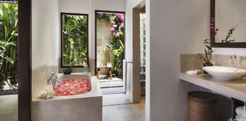 Separate tub and shower, deep soaking tub, rainfall showerhead