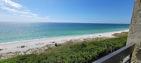 Balcony view showing white sand beach lined with lounge chairs and umbrellas against a vibrant blue ocean.