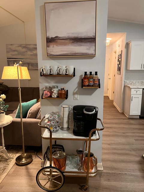 Coffee bar. Duel Keurig that brews single serve k-cups and coffee grounds. 