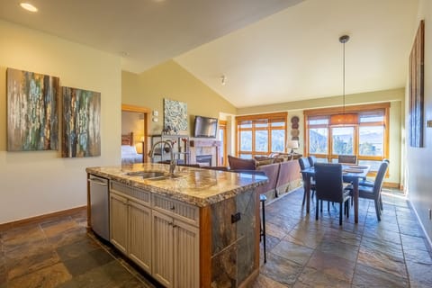 Kitchen and living, dinning area