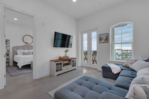 Plantation shutters have been installed on doors and windows. 