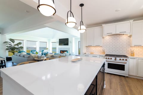 Gourmet kitchen with stainless steel appliances, two refrigerators, and two dishwashers for large groups.