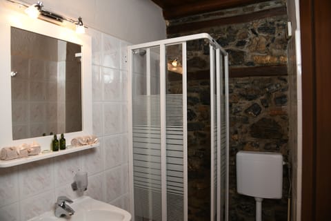 Shower, rainfall showerhead, hair dryer, towels