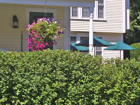 Patio seating with umbrellas, one of may spots for dining