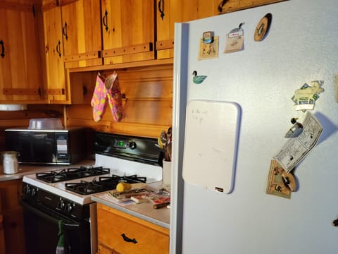 Kitchen also features microwave, full refrigerator with bottom freezer