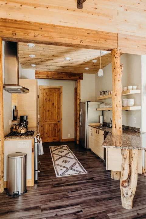 The open floor plan makes moving from the kitchen to the dining area a breeze