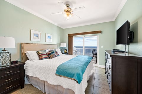 The master's bedroom looks out into the Gulf of Mexico.