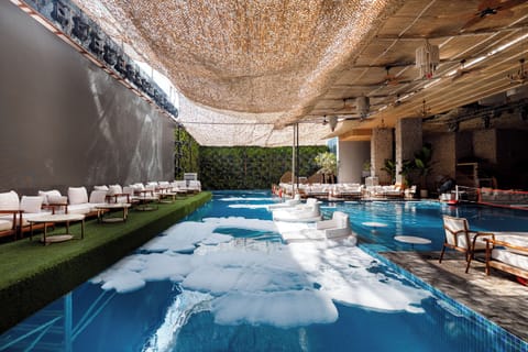 Indoor pool, outdoor pool, sun loungers