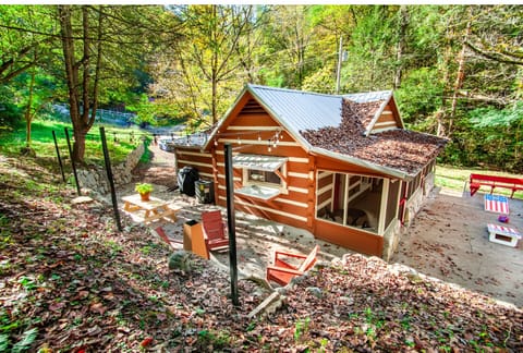 This picturesque cabin blends rustic charm with modern comfort, nestled in a tranquil wooded setting.