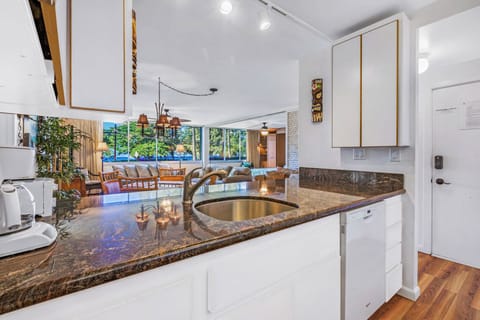 tropical ocean view from kitchen, open spacious floor plan