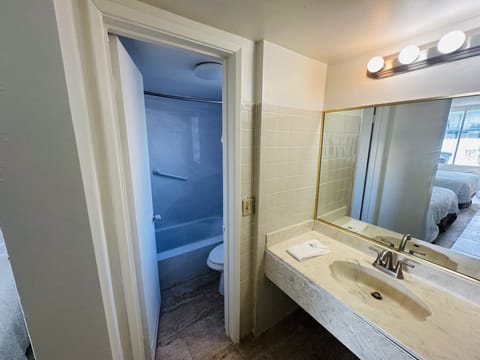 Combined shower/tub, free toiletries, hair dryer, towels