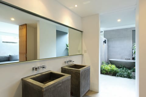 Separate tub and shower, rainfall showerhead, free toiletries