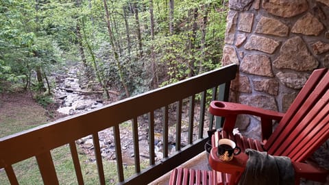 The tall glider adirondack chairs on the balcony will be your favorite place to enjoy your morning coffee while the sounds of creek below soothe your mind.   Watch out for bear coming to enjoy the creek.
