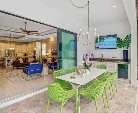 Outdoor kitchen with beverage fridge
