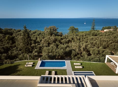Bird's eye view from the villa iconic outdoor settings overlooking the sea.