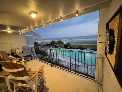 View from the door going out to balcony at night 