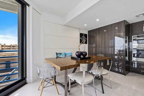 The dining room table has room for six.