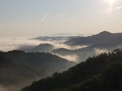 Panoramic mountain view of smoke on the maountains