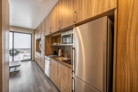 Full Kitchenette with a dishwasher, 2 burner stove, microwave, fridge, and freezer. The kitchen comes stocked with plates, silverware, and basic cookw