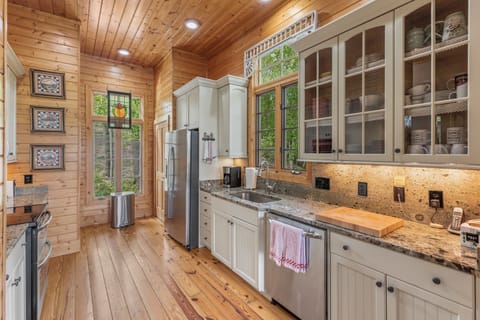 Ambient lighting and plenty of dinnerware for family and friends.