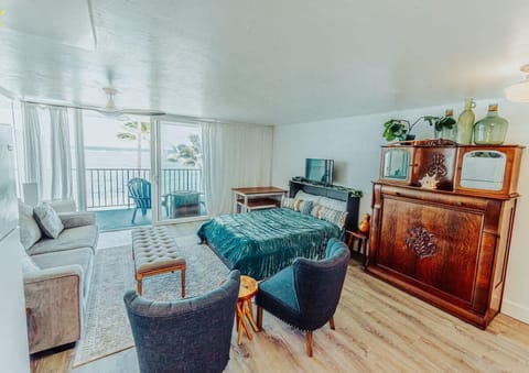 Living room with amazing beach, ocean and sunrise views!  See numerous sea turtles and whales frequently.  Enjoy the sound of the surf as your rest on the couch or sleep!  (Picture shows Murphy bed opened)