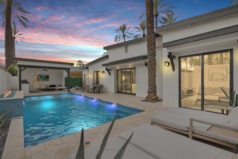 Resort pool glows at golden hour