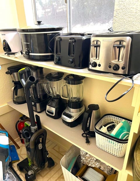 Pantry has extra blenders, crock pots ,large pots etc. Everything you need 