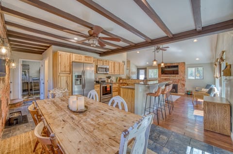 Enjoy a lovely meal at our antique dinner table with seating for six. With a fully stocked kitchen and open layout everyone can help or just enjoy the wonderful smells as the meal is prepared.