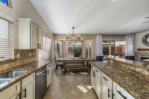 Fully stocked kitchen with seating for up to 12 people.