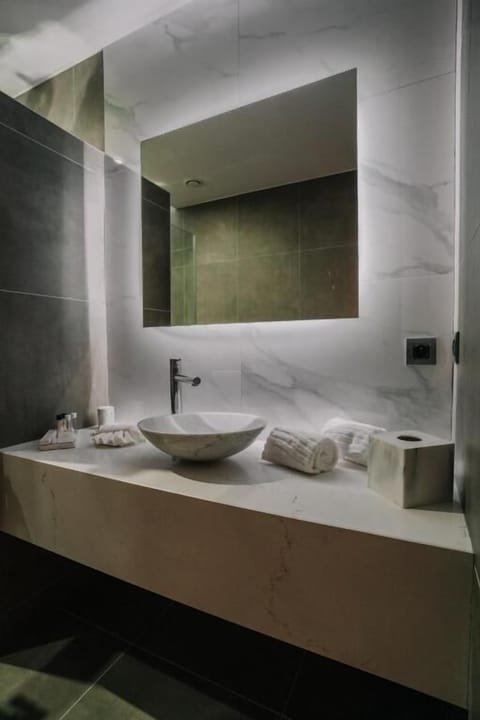 Shower, rainfall showerhead, hair dryer, towels