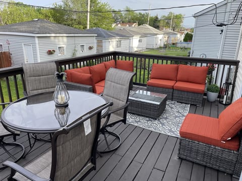 Private deck with comfortable seating for coffee, dining, and relaxing.