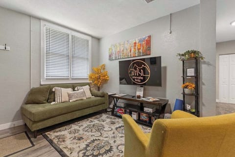 The comfortable living room has new furniture and an HD TV.