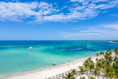 Private beach, white sand, sun loungers, beach umbrellas