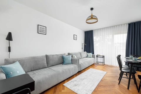 A bright living room featuring one of the two fold-out sofas, arranged in a cozy, modern style. Soft lighting and simple décor create a welcoming atmosphere.