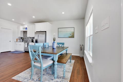 View from the dining table into the kitchen