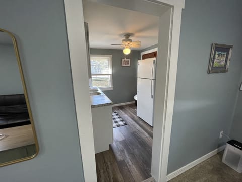 Walking from living room into kitchen 