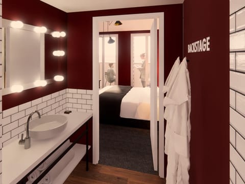 Desk, laptop workspace, blackout drapes, soundproofing