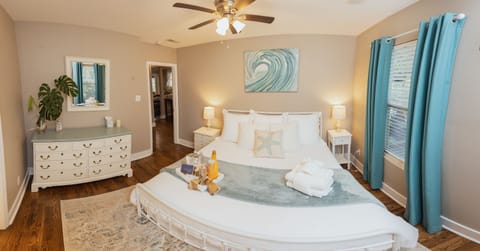 Folly King Bedroom with new bed frame and Zinus foam mattress. Backyard view
