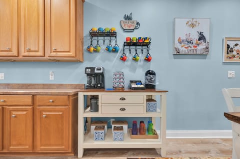 Coffee station is well stocked with a variety of coffees and teas.
